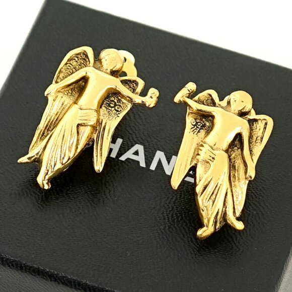 CHANEL Angel Clip-On Earrings Gold Tone Auth w/Box #21000 - Picture 1 of 4